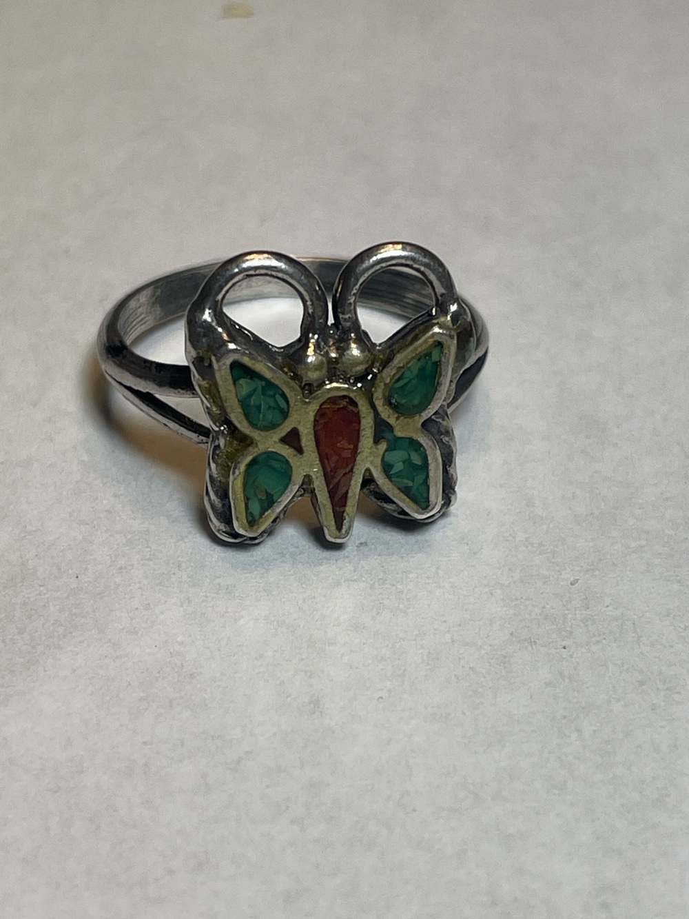 Vintage 1970-80s Mexico Sterling Silver Butterfly Ring – Turquoise & Coral Chip